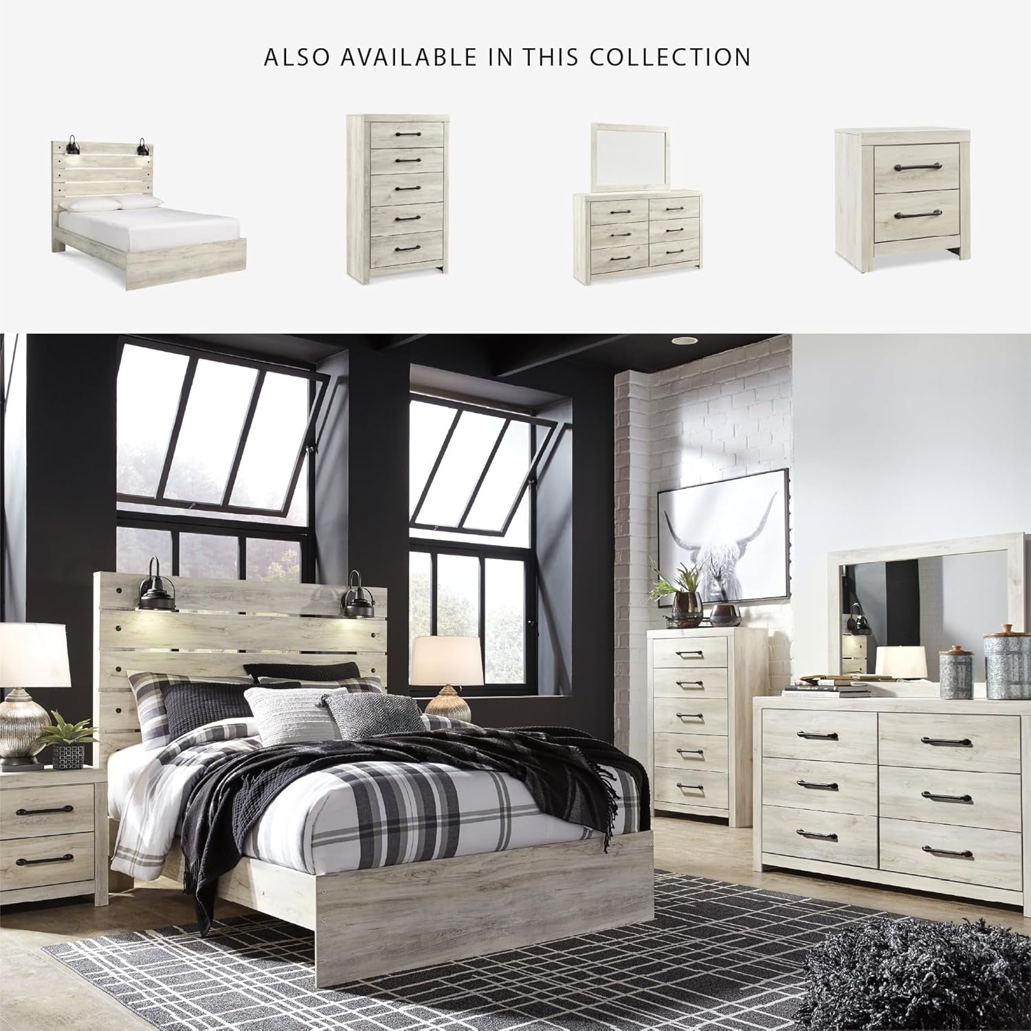 Cambeck Farmhouse Queen Panel Bed with Sconce Lights and USB Ports, Foundation or Box Spring Needed, Whitewash