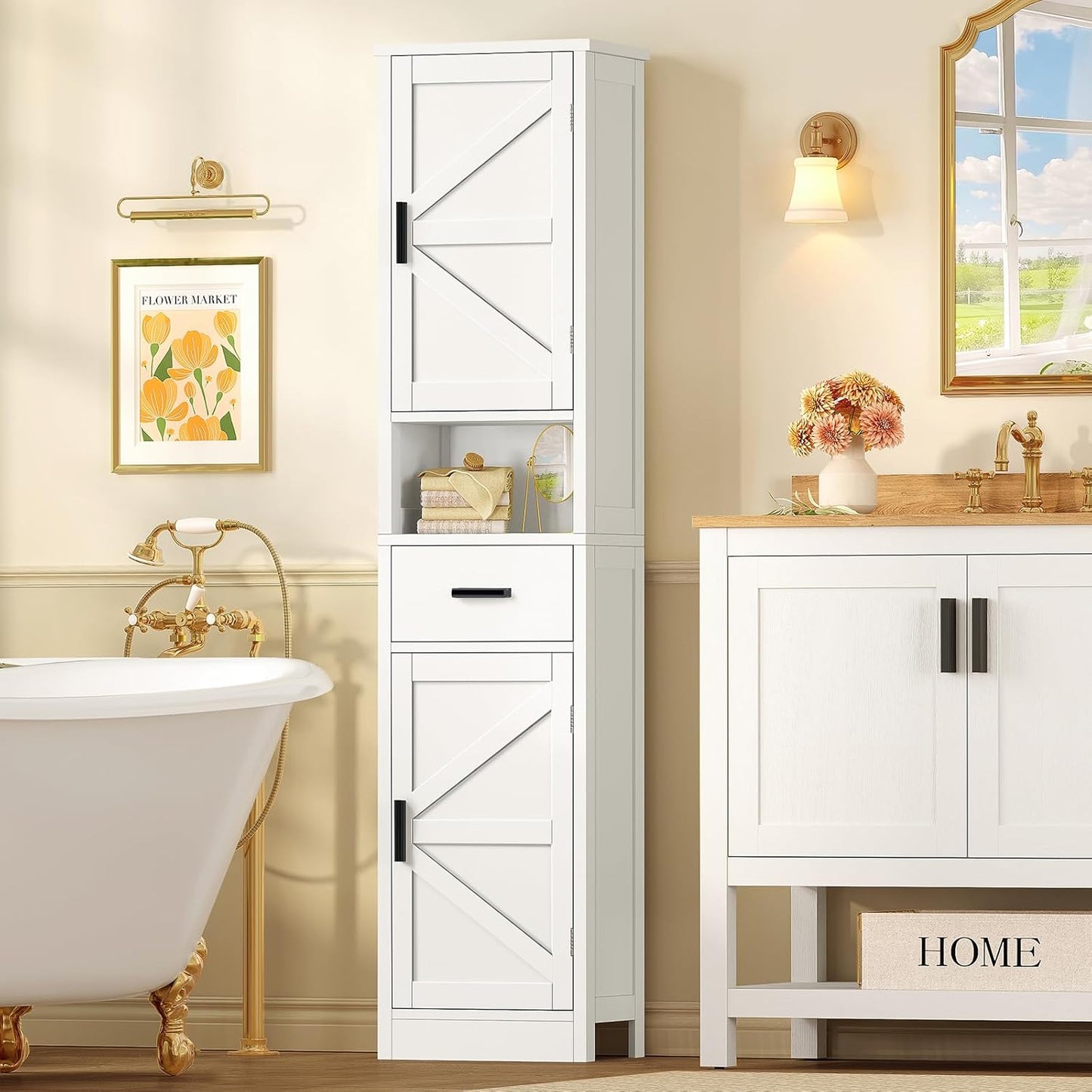 Tall Bathroom Storage Cabinet with Barn Doors, Narrow Bathroom Cabinet with Drawer, Narrow Storage Unit, Adjustable Shelves, Floor Cabinets for Living Room, Entryway, Kitchen, White