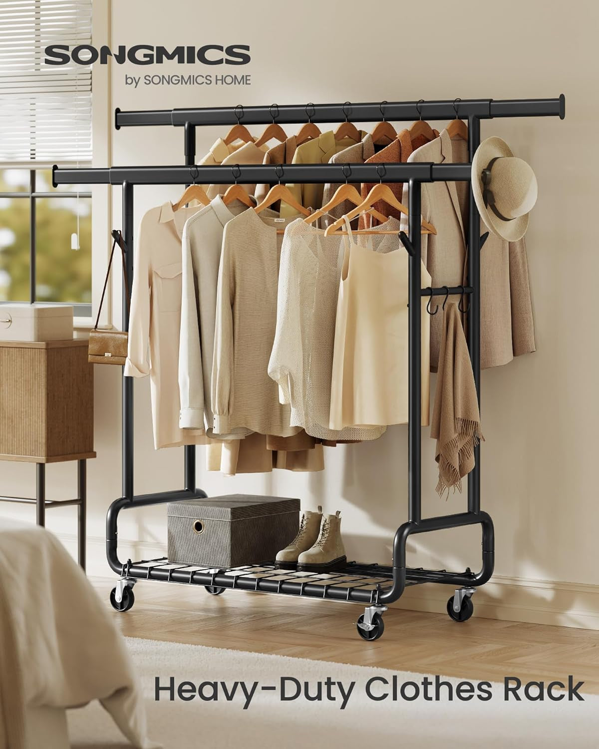 Clothes Rack, Heavy-Duty Rolling Clothing Garment Rack with Wheels, Extendable Double Hanging Rods and Adjustable Height, Portable, with Shelf and Hooks, Ink Black UHSR015B01
