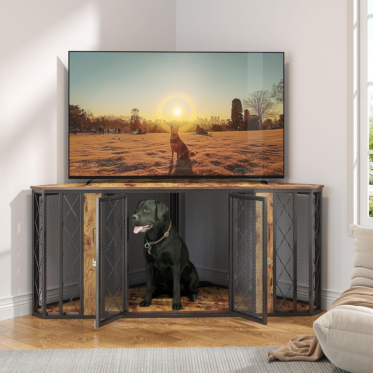 𝙎𝙖𝙪𝙙𝙞𝙨𝙢 67" XL Corner Dog Crate Furniture, Large Wooden Dog Kennel Furniture with 2 Doors, Decorative Dog Crate, Dog Kennel TV Stand End Table for Small to Large Dogs