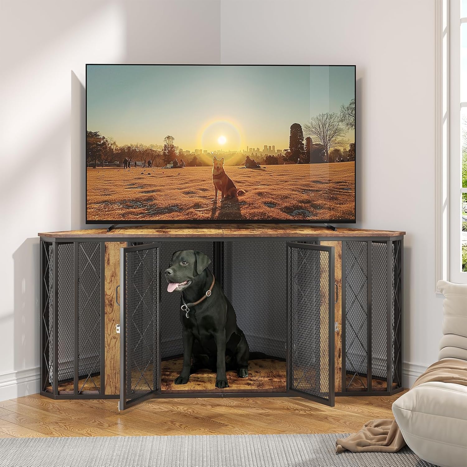 𝙎𝙖𝙪𝙙𝙞𝙨𝙢 67" XL Corner Dog Crate Furniture, Large Wooden Dog Kennel Furniture with 2 Doors, Decorative Dog Crate, Dog Kennel TV Stand End Table for Small to Large Dogs