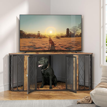 𝙎𝙖𝙪𝙙𝙞𝙨𝙢 67" XL Corner Dog Crate Furniture, Large Wooden Dog Kennel Furniture with 2 Doors, Decorative Dog Crate, Dog Kennel TV Stand End Table for Small to Large Dogs