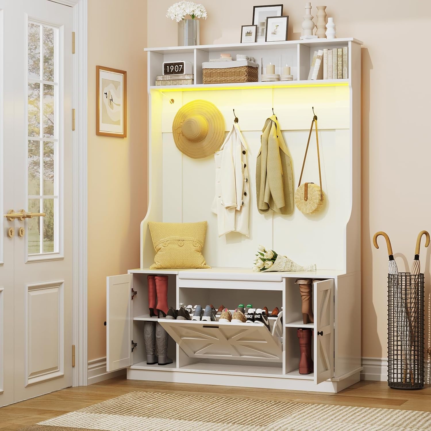 Hall Tree with Bench and Shoe Storage, Coat Rack with Shoe Bench, 6 Shoe Cubbies, 4 Coat Hooks, LED Lights, Entryway Hall Tree, Wood Coat Tree with Soft Cushion for Hallway, Mudroom