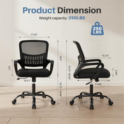 Home Office Computer Chair - Ergonomic Mid Back Desk with Lumbar Support and Rocking Mode, Height Adjustable with Fixed Armrest, for Conference Meeting Room, 360° Swivel, Adults, Black