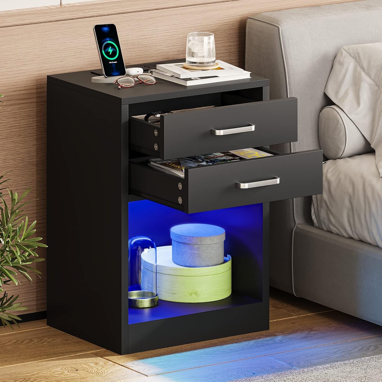 LED Nightstands Set of 2,Night Stands for Bedrooms Set of 2,Nightstand with Charging Station and LED Lights,Black Bedside Table with Power Outlets & Drawers,Modern End Side Table