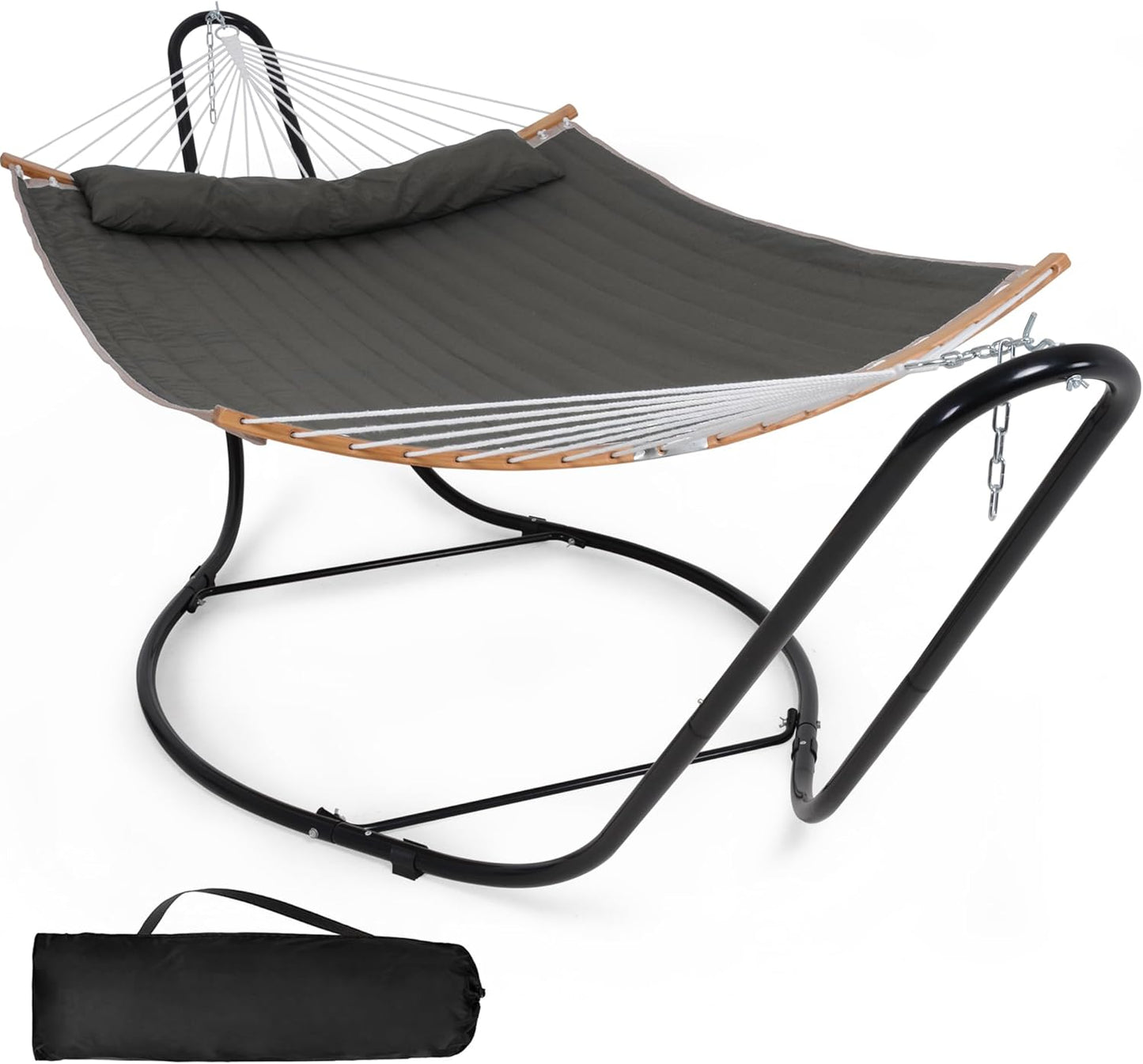 Double Hammock with Curved Spreader Bar, Hammock with Stand Included 2 Person, Patent Pending, Dark Gray