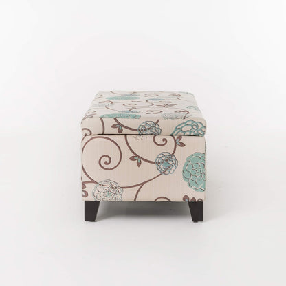 Breanna Fabric Storage Ottoman, White and Blue Floral
