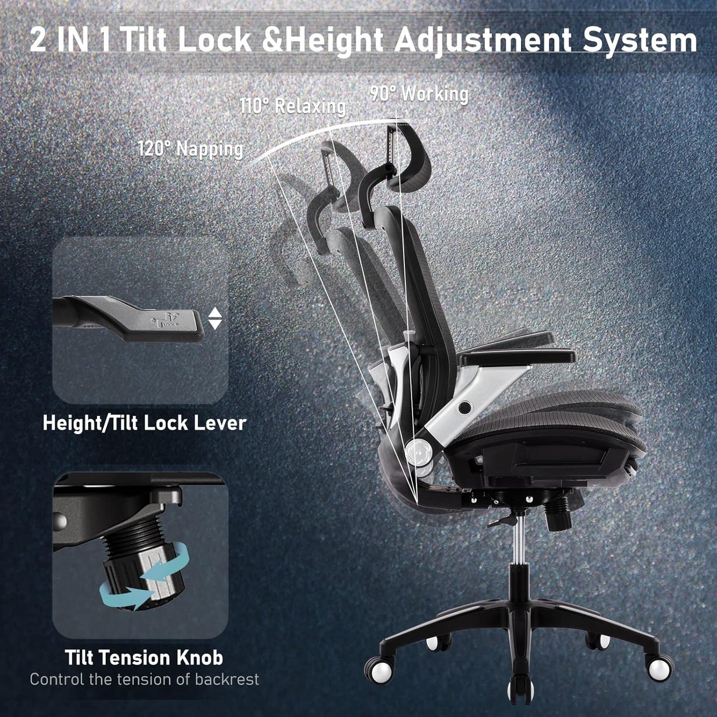 Ergonomic Mesh Office Chair with Footrest, High Back Computer Executive Desk Chair with Headrest and 4D Flip-Up Armrests, Adjustable Tilt Lock and Lumbar Support-Black