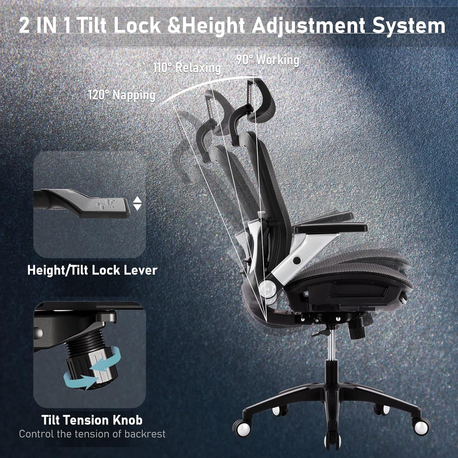 Ergonomic Mesh Office Chair with Footrest, High Back Computer Executive Desk Chair with Headrest and 4D Flip-Up Armrests, Adjustable Tilt Lock and Lumbar Support-Black