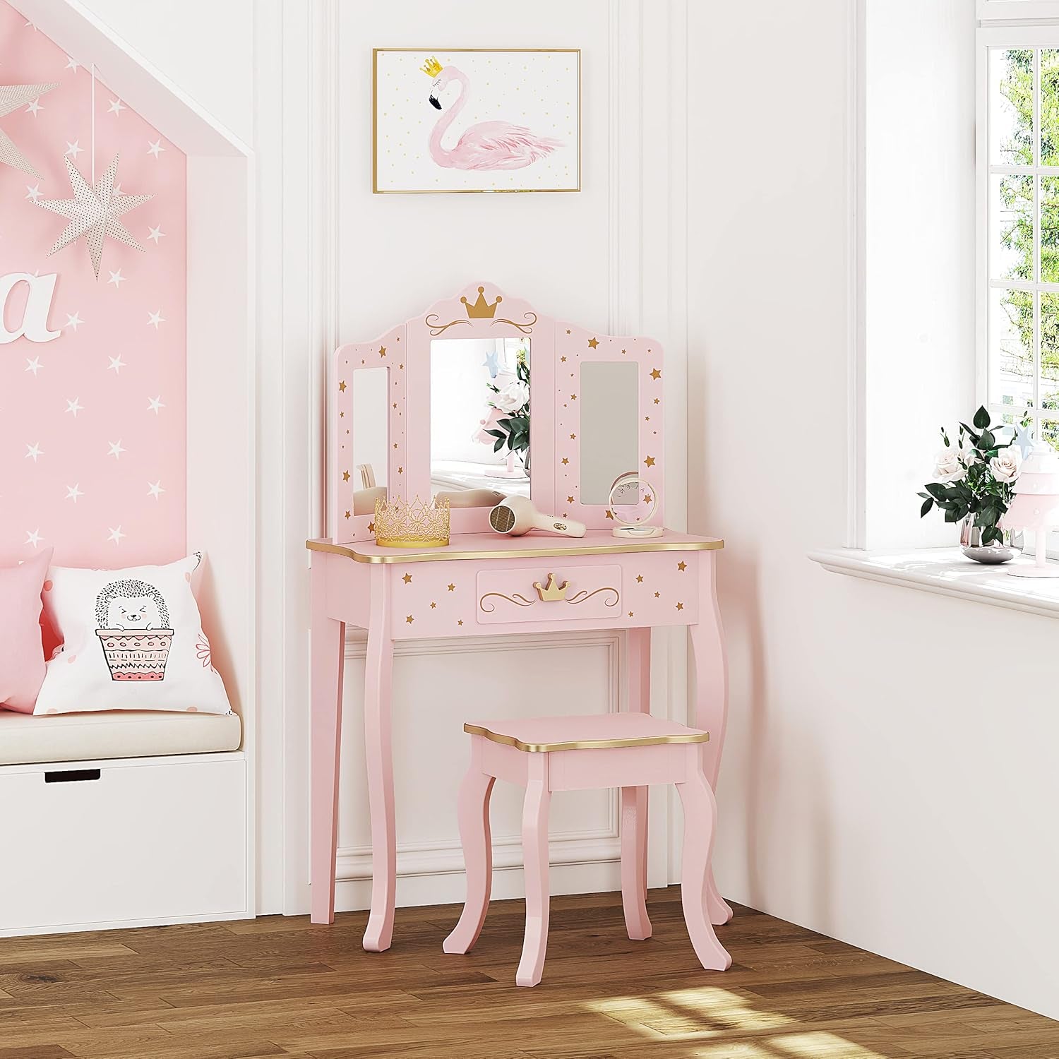 Pretend Play Kids Vanity Set with Mirror and Stool, Kids Make up Vanity Desk with Mirrror for Little Girls, Children Makeup Dressing Table with Drawer, Pink