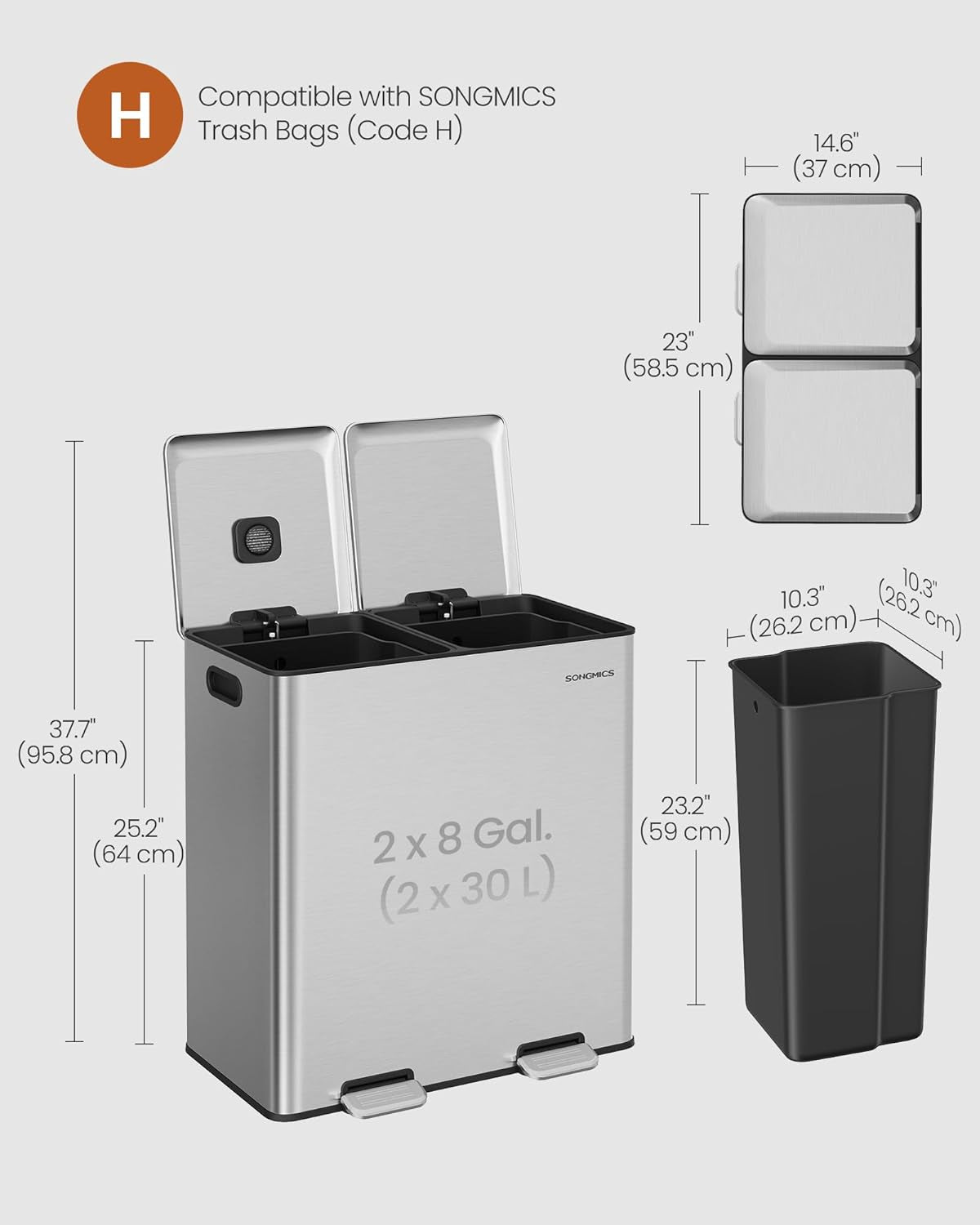 Trash Can, 2 X 8 Gallon (2 X 30 L) Double Garbage Can with Soft-Close Lids, Removable Inner Buckets, Pedals, Stainless Steel, for Waste and Recycling, Metallic Silver ULTB743E01