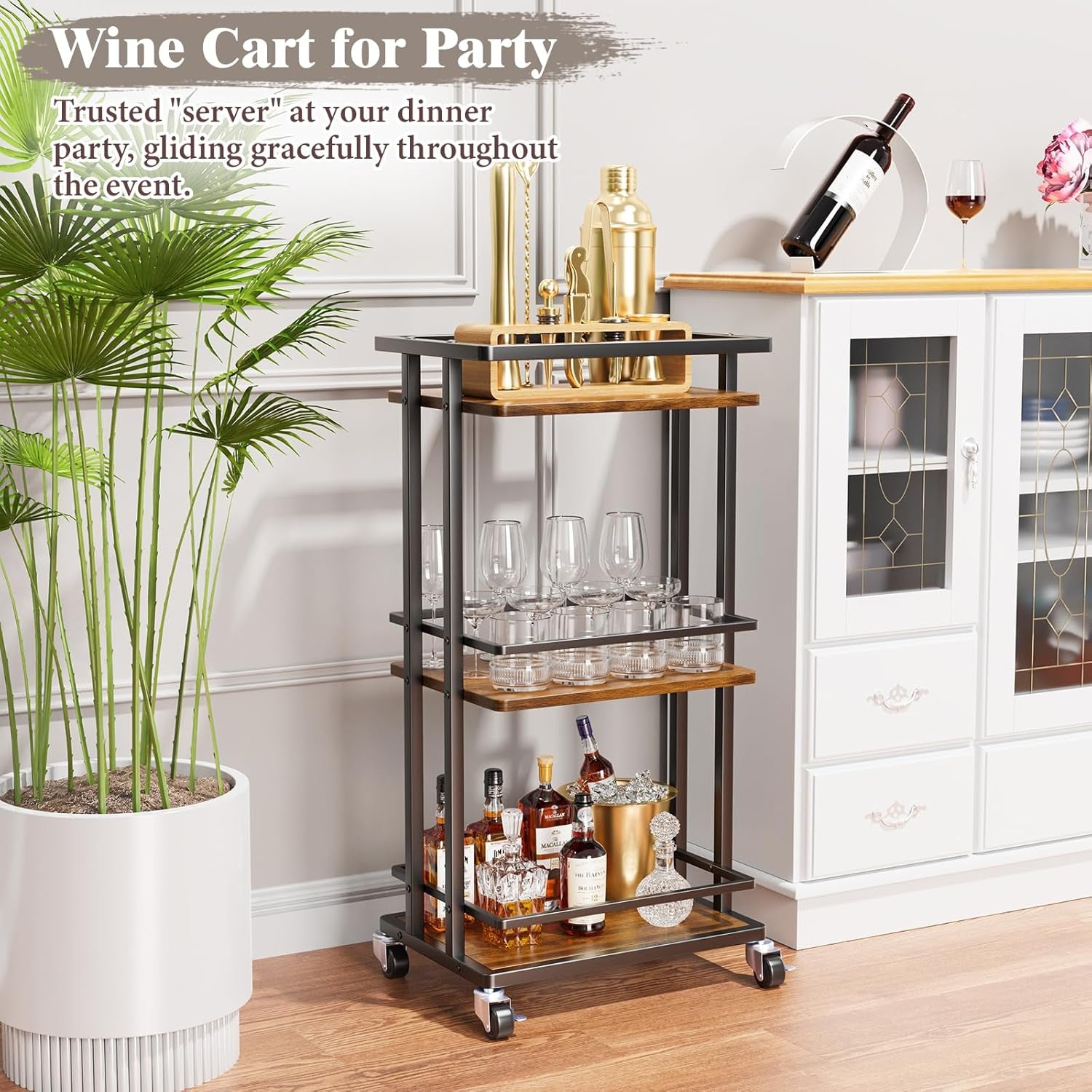 3 Tier Bar Cart for Home, Rolling Mini Liquor Bar for Wine Beverage Dinner Party, Utility Kitchen Storage Island Serving Cart on Wheels, Coffee Bar Cabinet for Kitchen Dining Living Room, Brown