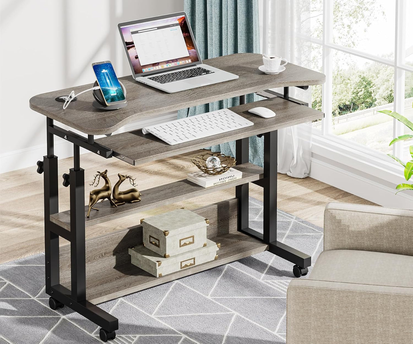 Portable Desk with Power Outlets, Height Adjustable Side Table Sofa Couch Bedside Laptop Computer Cart with USB Charging Ports, Mobile Small Standing Desk with Keyboard Tray