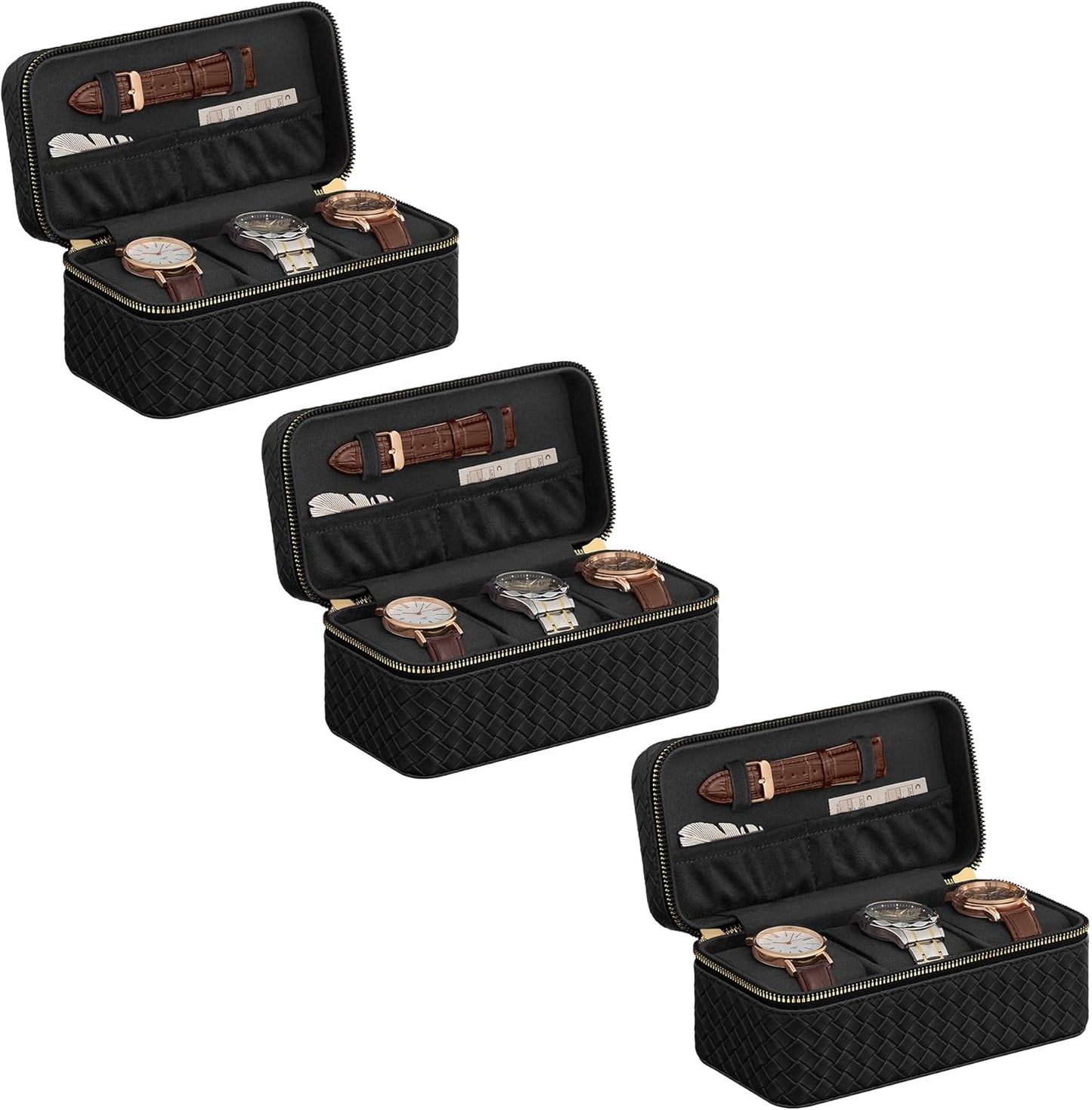 HOME RONNE Collection - 3 Watch Travel Cases, Pack of 2, 3-Slot Watch Boxes, Woven Embossed PU Leather, 3.9 X 7.9 X 3.5 Inches, Gift Idea, Ink Black Surface, Ink Black Lining UJWB017B01-2J