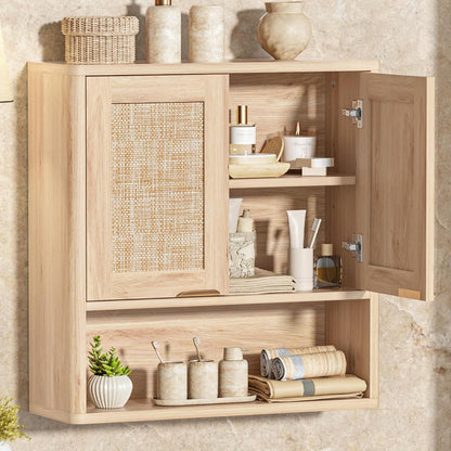 Rattan Bathroom Wall Cabinet, Boho Medicine Cabinet with Adjustable Shelf & Doors, over the Toilet Storage Cabinets Organizer for Laundry Room, Kitchen, Living Room, Natural