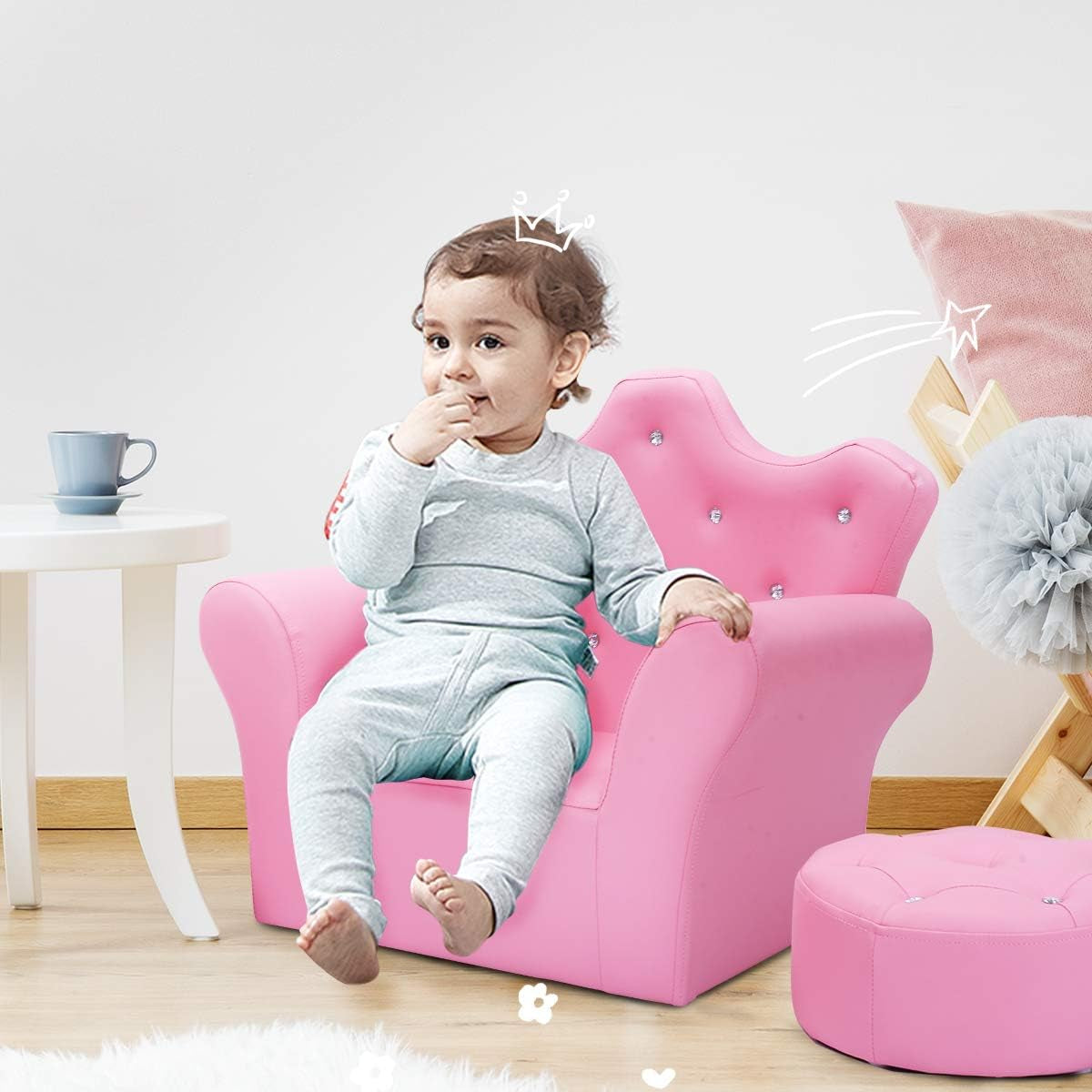 Kids Sofa, Children Upholstered Sofa with Ottoman, Princess Sofa with Diamond Decoration, Ottoman, Smooth PVC Leather Toddler Chair, Kids Pink Couch for Preschool Boys and Girls Gift (Pink)