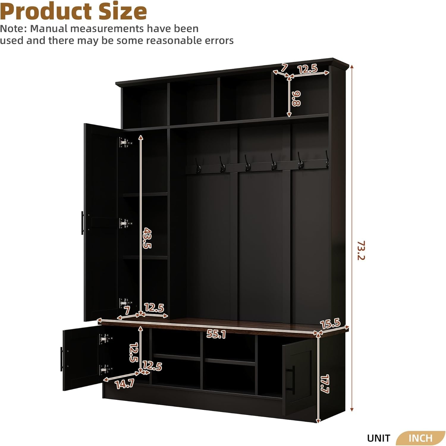 Farmhouse Wood Hall Tree with Shoe Bench and 2 Drawers, 4-In-1 Coat Rack with 6 Hooks for Entrance, Hallway, Mudroom Black