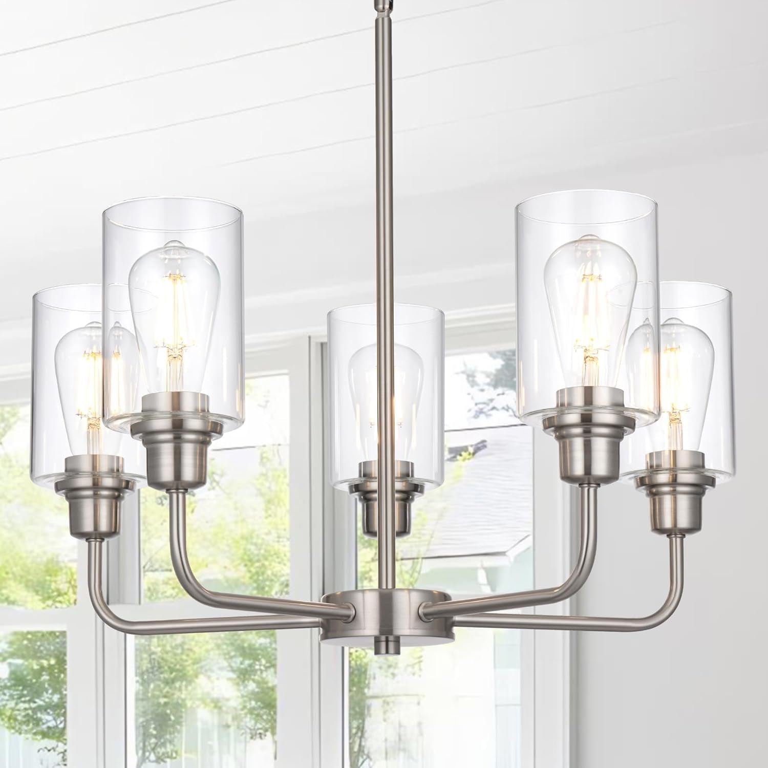 5-Light Brushed Nickel Chandelier with Clear Glass Shades, E26 Base Modern Pendant Light Fixture, Adjustable Swivel Heads Ceiling Lighting, Farmhouse Chandelier for Dining Room Kitchen Hallway
