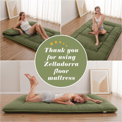 Japanese Floor Mattress, Futon Mattress with Portable Storage Bag and Washable Cover, Roll up Thick Tatami Mat Suitable for Camping, Guest Room, Green, Twin
