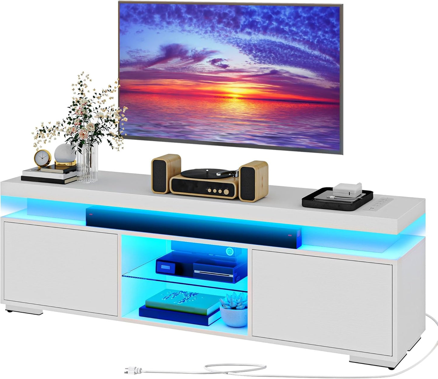 White Modern TV Stand with LED Lights and Power Outlet, Modern Entertainment Center for 55/60/65 Inch, Media Console Table TV Cabinet with Storage, Universal TV Stand for Living Room,White