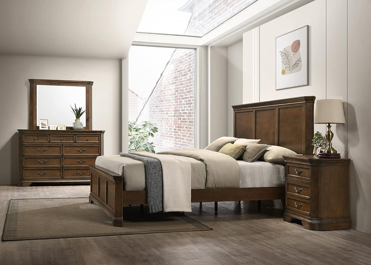 Maderne Traditional Wood Panel Bed with Dresser, Mirror, Two Nightstands, Chest, King, Antique Walnut Finish
