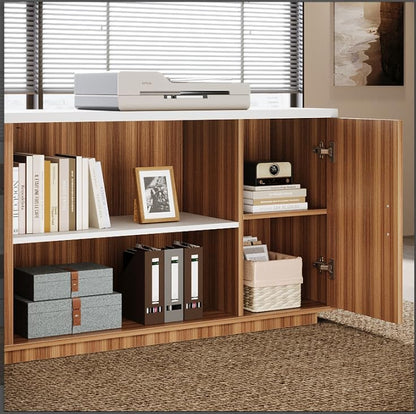 85.8-Inch L-Shaped Executive Office Desk with File Drawers & Storage Cabinet, Professional Corner Computer Desk Extra Large Business Workstation with Adjustable Shelves (White&Walnut)