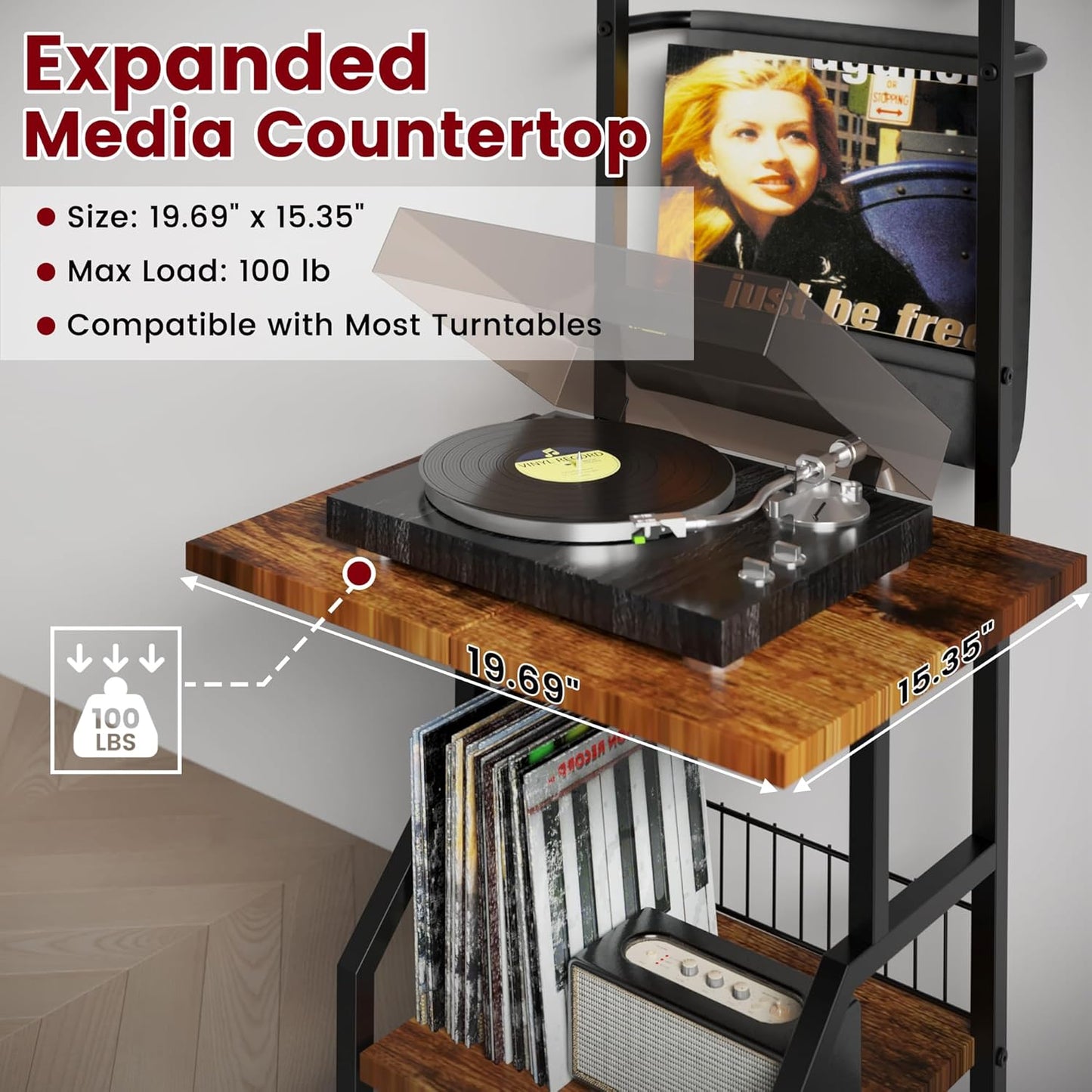 Record Player Stand with Vinyl Storage, Record Player Table Holds up to 200 Albums, 5-Tier Turntable Stand for Living Room, Rustic Brown