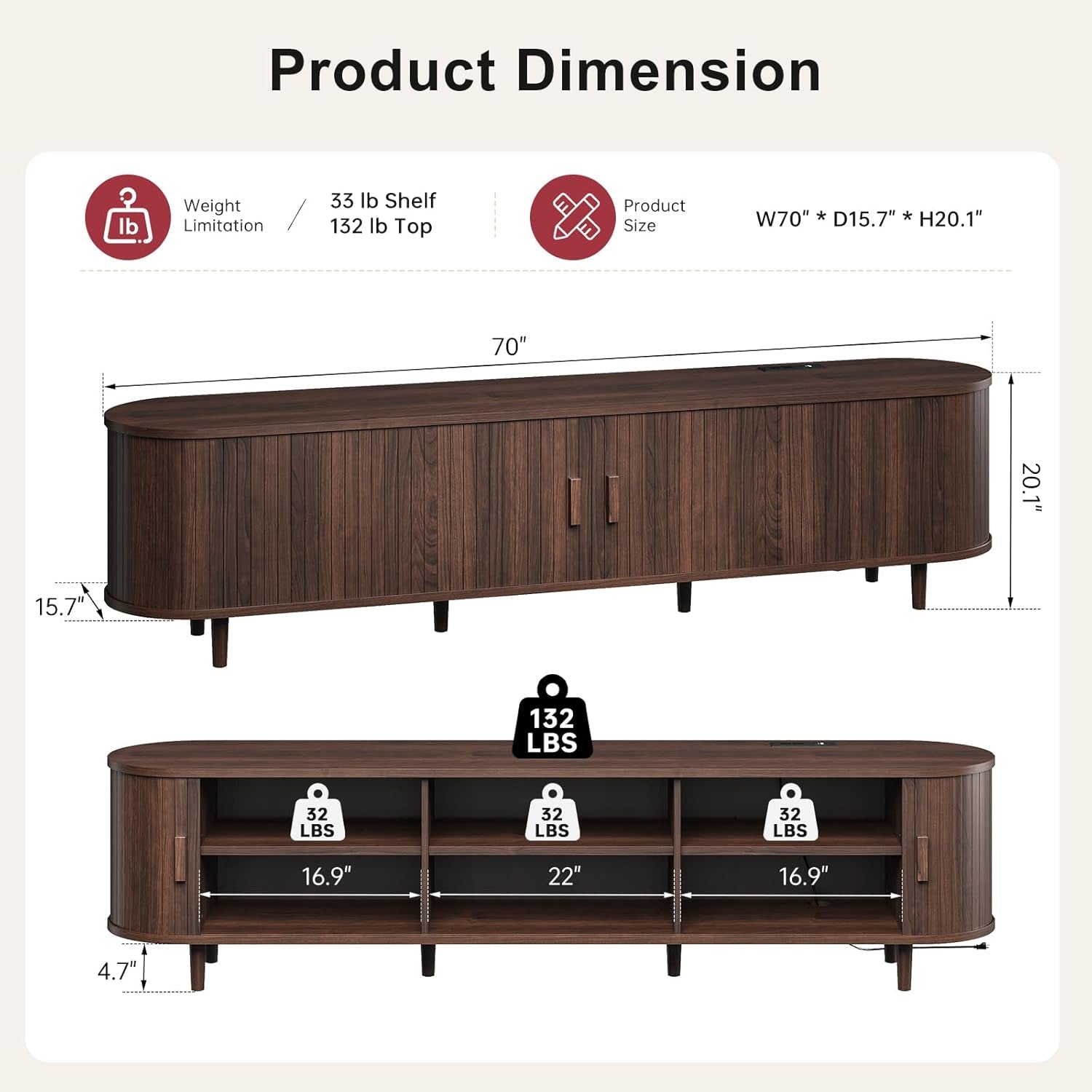 70" Mid Century Modern TV Stand, Wood TV Consoles with Sliding Doors and Power Outlet, Entertainment Center with Adjustable Shelves, Fluted TV Stands for Living Room, Walnut