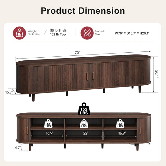 70" Mid Century Modern TV Stand, Wood TV Consoles with Sliding Doors and Power Outlet, Entertainment Center with Adjustable Shelves, Fluted TV Stands for Living Room, Walnut