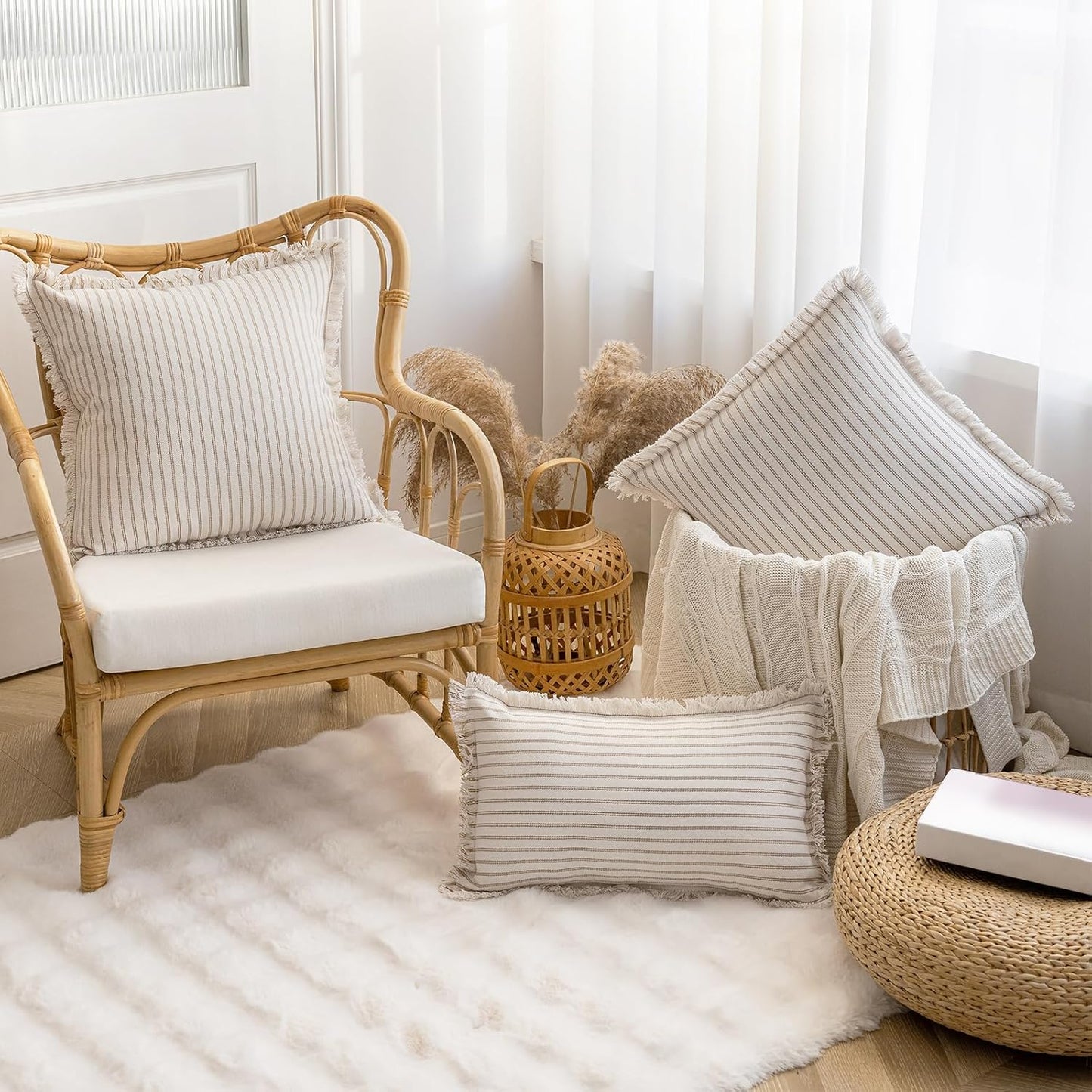 Throw Pillow Covers 20X20 Set of 2 Striped Fringe Pillow Cover Farmhouse Cushion Covers with Tassel Neutral Boho Pillows Decorative Square Pillowcase for Couch Sofa Bed, Khaki