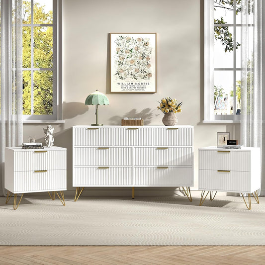 7 Drawer Dresser and Nightstand Sets for Bedroom, 3 Pcs Fluted Bedroom Set，Night Stand Set of 2 & 7 Drawer Dresser with Golden Handles, Wood Chest of Drawers Storage Cabinet Set, White