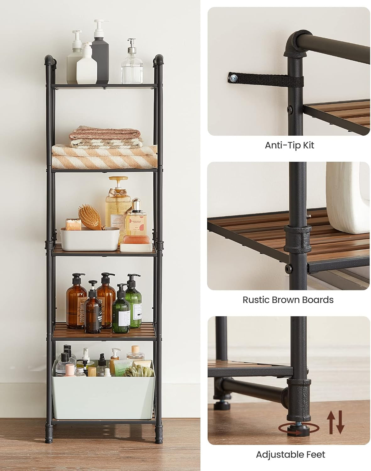 Bathroom Shelves, 5-Tier Storage Rack, Plant Flower Stand, 15.6 X 12.2 X 51 Inches, for Living Room, Balcony, Kitchen, Rustic Brown and Black UBSC25BXV2