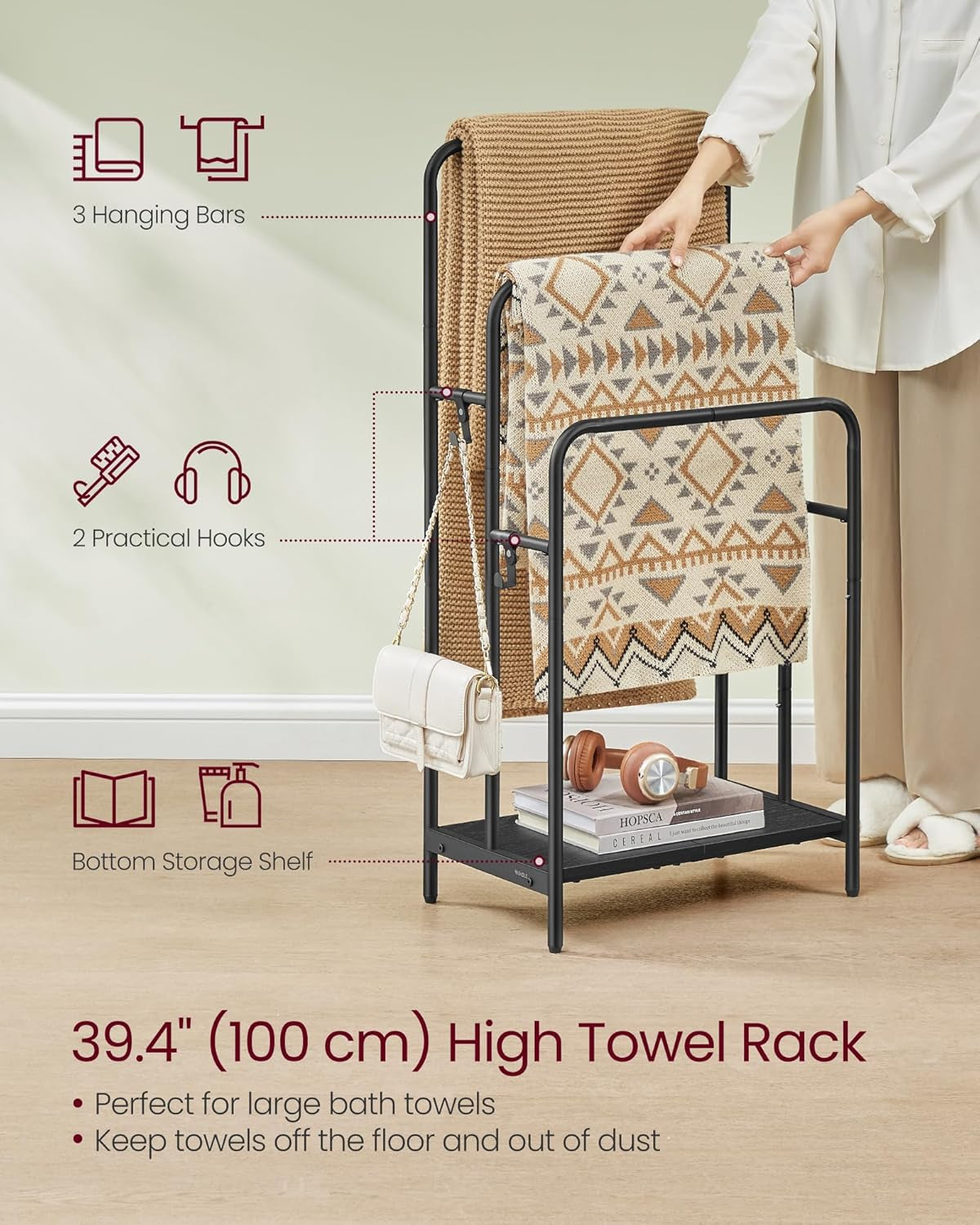 Freestanding Towel Rack, 3-Tier Blanket Holder with Storage Shelf, 19.7 X 11.8 X 39.4 Inches, 2 Hooks, for Bath Towels, Ink Black and Ebony Black ULLS009B01