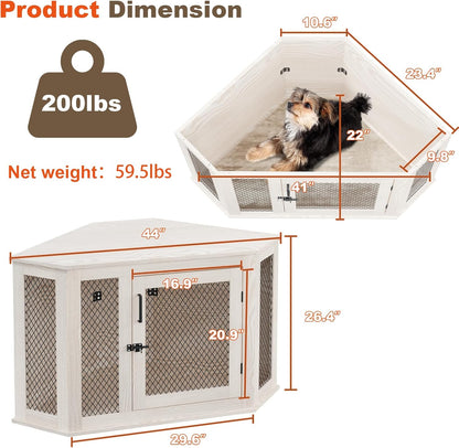 Corner Dog Crate Furniture,52 Inch Decorative Pet Crate with Metal Mesh,Wooden Dog Kennel Indoor Use for Small Medium Dogs,Dog House TV Stand,Perfect for Limited Room,Grey