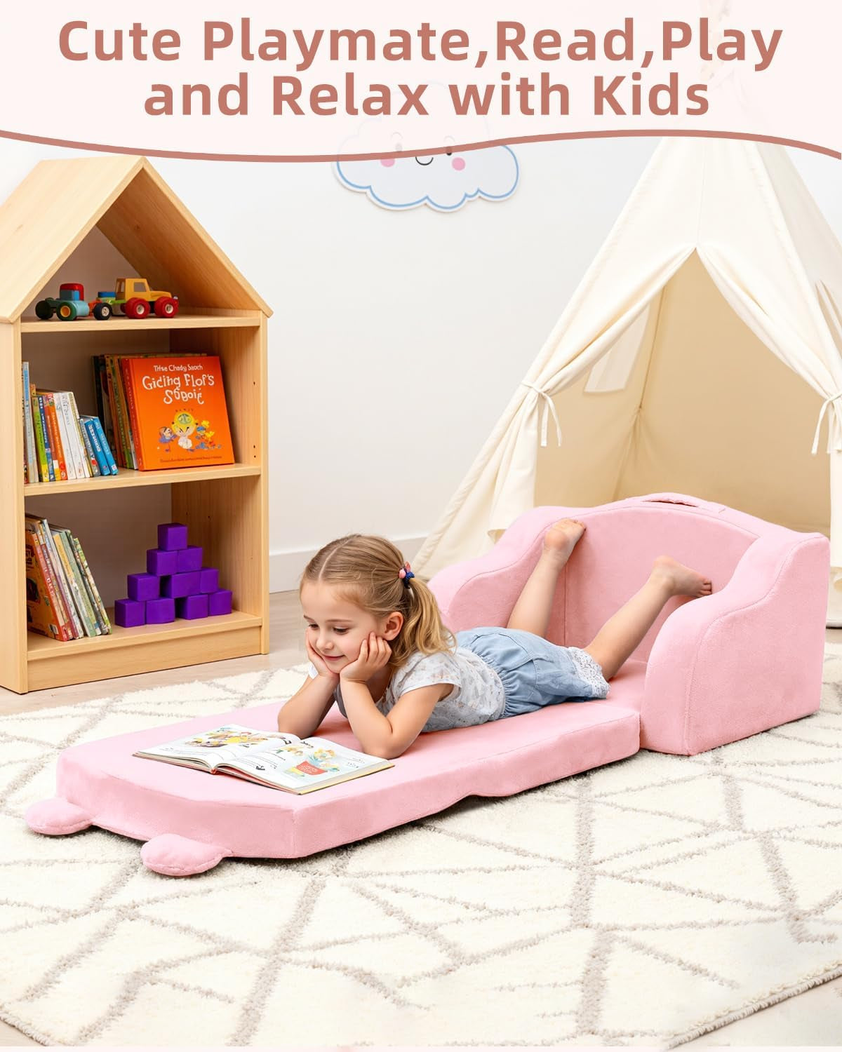 Kids Couch,Toddler Chairs Comfy 1-3 Years Old, 2-In-1 Soft Toddler Couches Fold Out,Convertible Sofa to Lounger for Girls and Boys,Cuddly Kids Floor Furniture for Playroom,Pink Bear