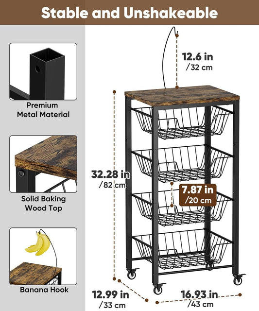 Fruit Vegetable Storage Cart for Kitchen, 5-Tier Vegetable Stand Rack with Pull-Out Fruit Baskets, Rolling Snack Cart with Wood Top & Banana Holder for Pantry, Living Room, Bathroom, Black