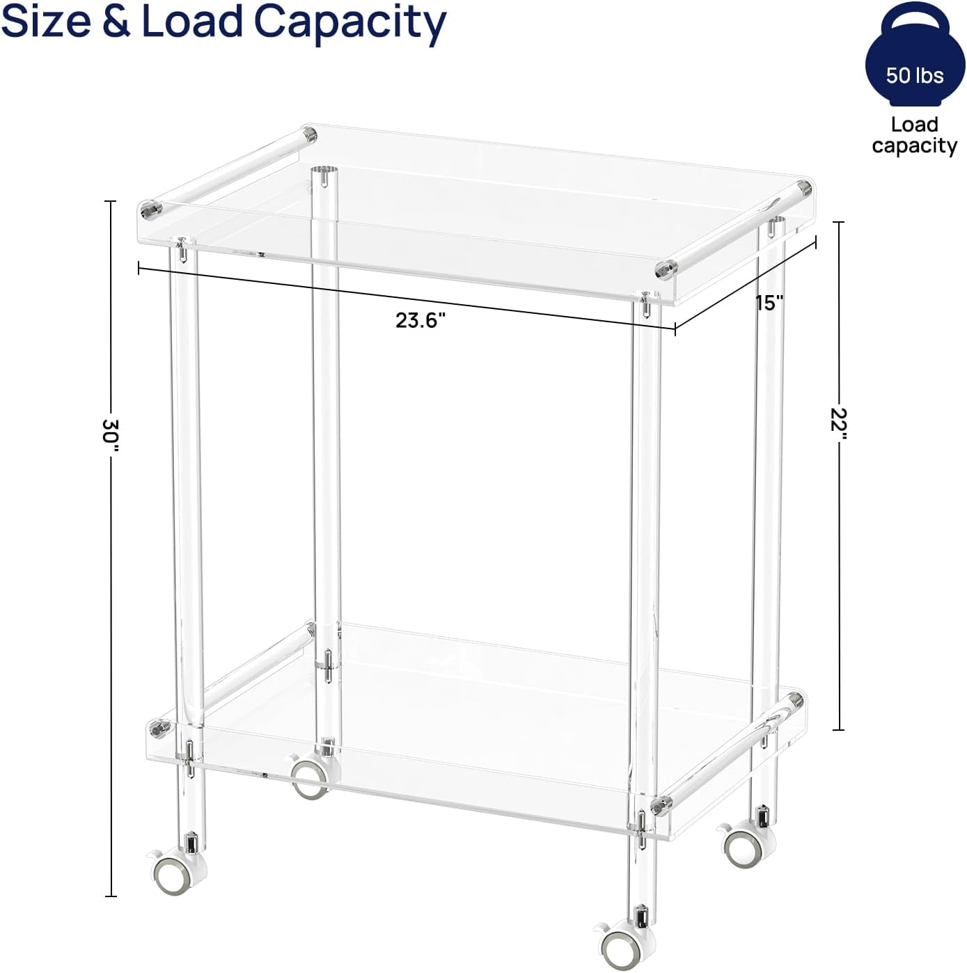 Acrylic Bar Cart, Rolling Serving Cart with 4 Lockable Wheels for the Home Bar, Kitchen, Living Room, Modern, 2-Tier, 23.6" L X 15" W X 30" H, Clear