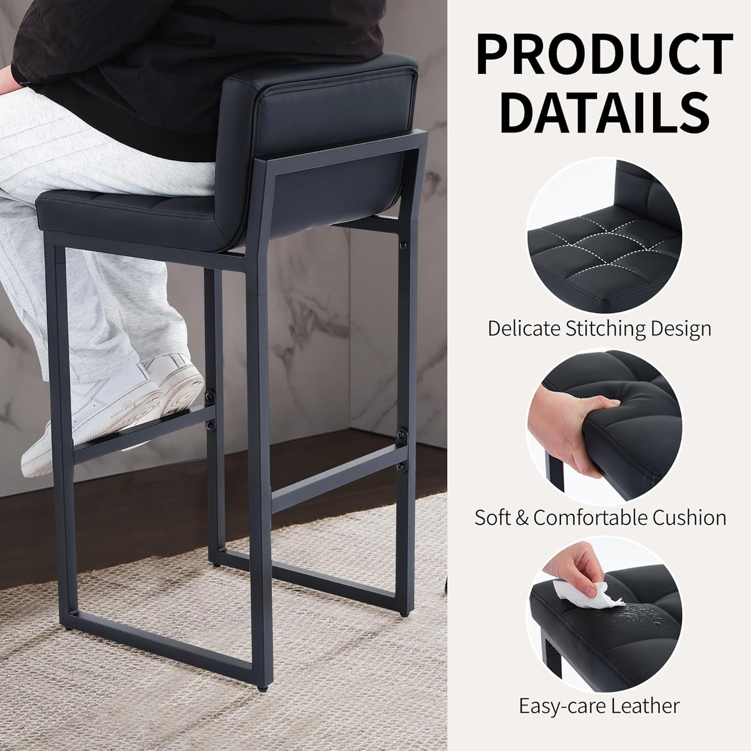 Bar Stools Set of 3, Upholstered Faux Leather Counter Height Barstools with Low Back and Thickened Metal Legs, Modern Bar Chairs for Kitchen Island, Bar, Counter (Black, 3Pcs 26" Bar Stools)