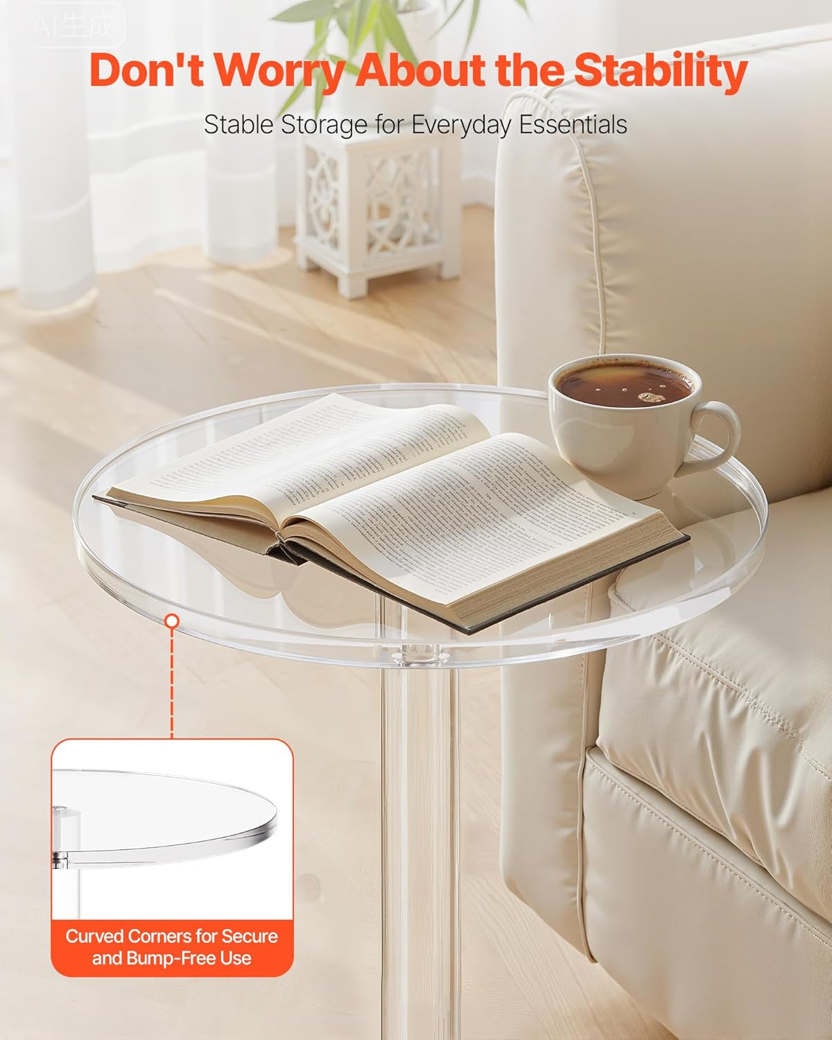 Acrylic Drink Table, Small round Side Table with Solid Post, Modern Clear End Table Transparent Cake Desk for Coffee, Cocktail, Dessert, Snack, Living Room, Bedroom, Bathroom, Easy Assembly