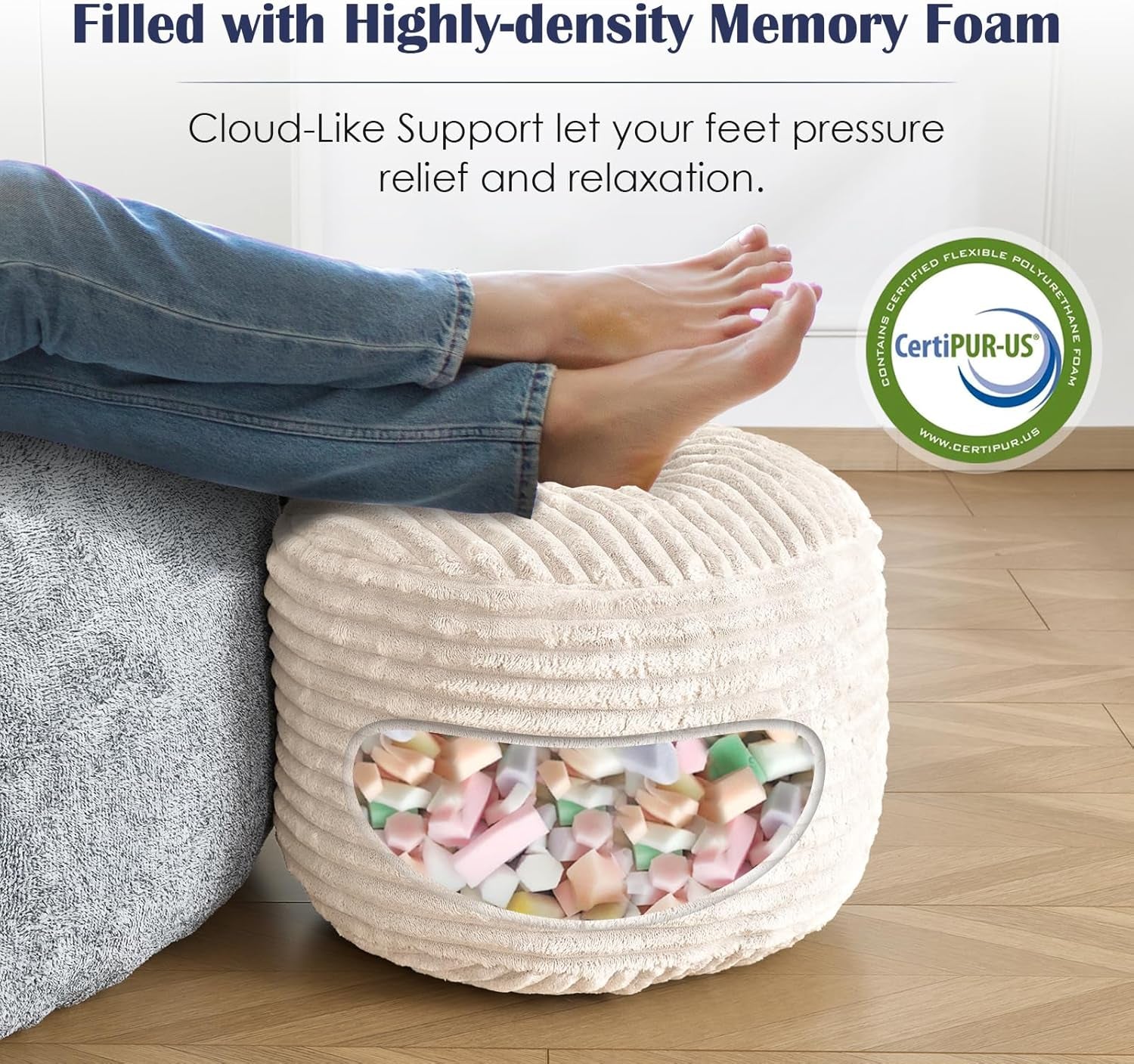 Stuffed round Pouf Ottoman,Corduroy Foot Rest with Shredded Foam Filling, Lightweight and Fluffy Pouf Storage Ottoman for Living Room,Floor Poufs for Couch,20"X 17",Beige