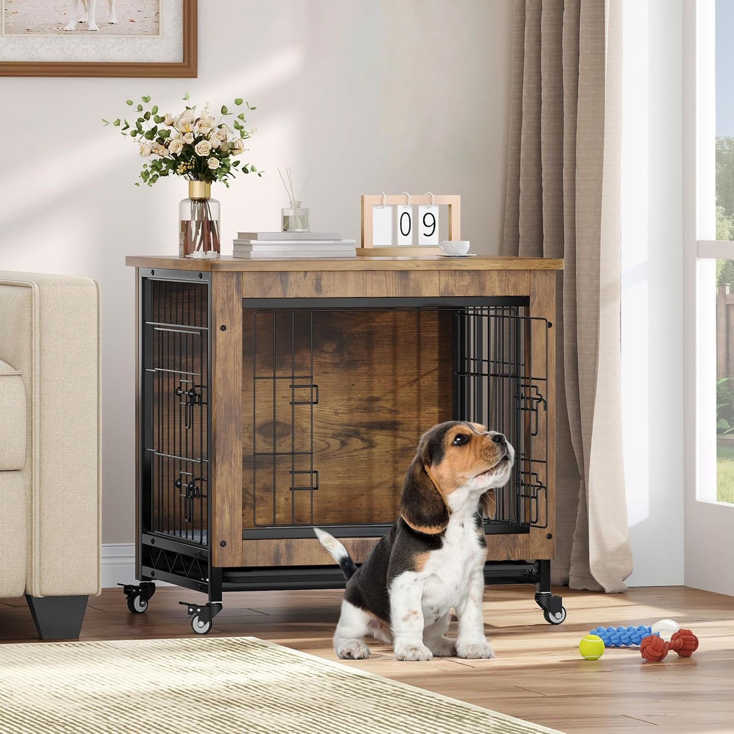 Dog Crate Furniture with Cushion, Dog Kennel Indoor with Wheels, 27" Dog Cage with Double Doors for Small Dog (Rustic Brown)