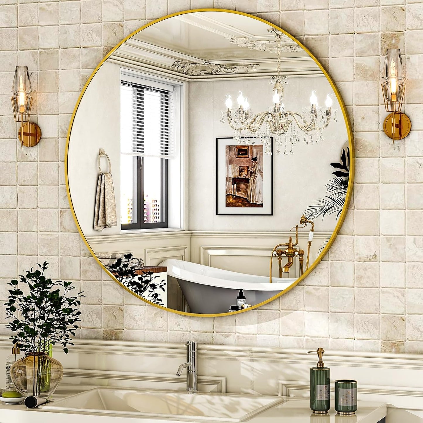 round Mirror 19.6 Gold Wall Mounted Circle Mirrors Vanity Mirror with Brushed Aluminum Alloy Frame Modern Decoration for Bathroom, Living Room, Vanity, Bedroom, Entryway
