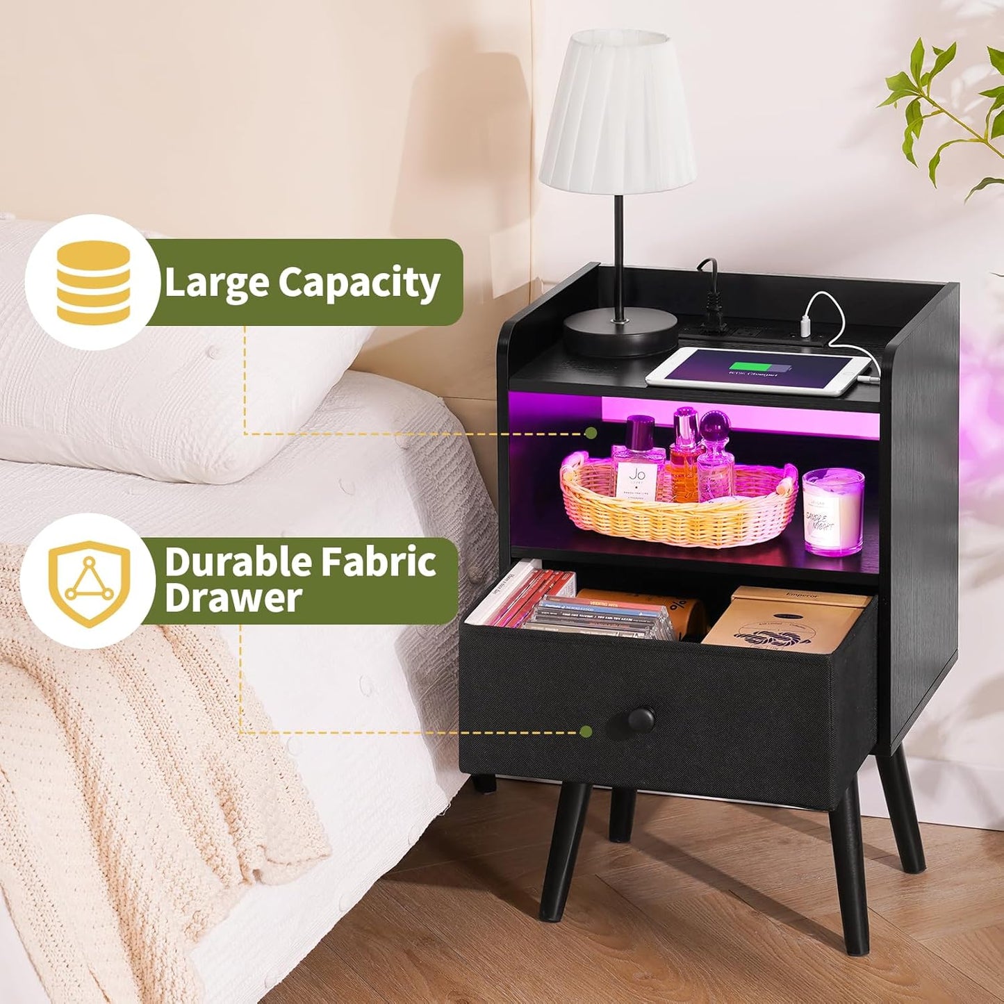 Nightstand with Charging Station, Modern Night Stand with LED Lights, Wood Nightstands with Fabric Drawer & Storage Shelf, Night Stands Bedside Table with USB Ports for Bedroom, Office, Home