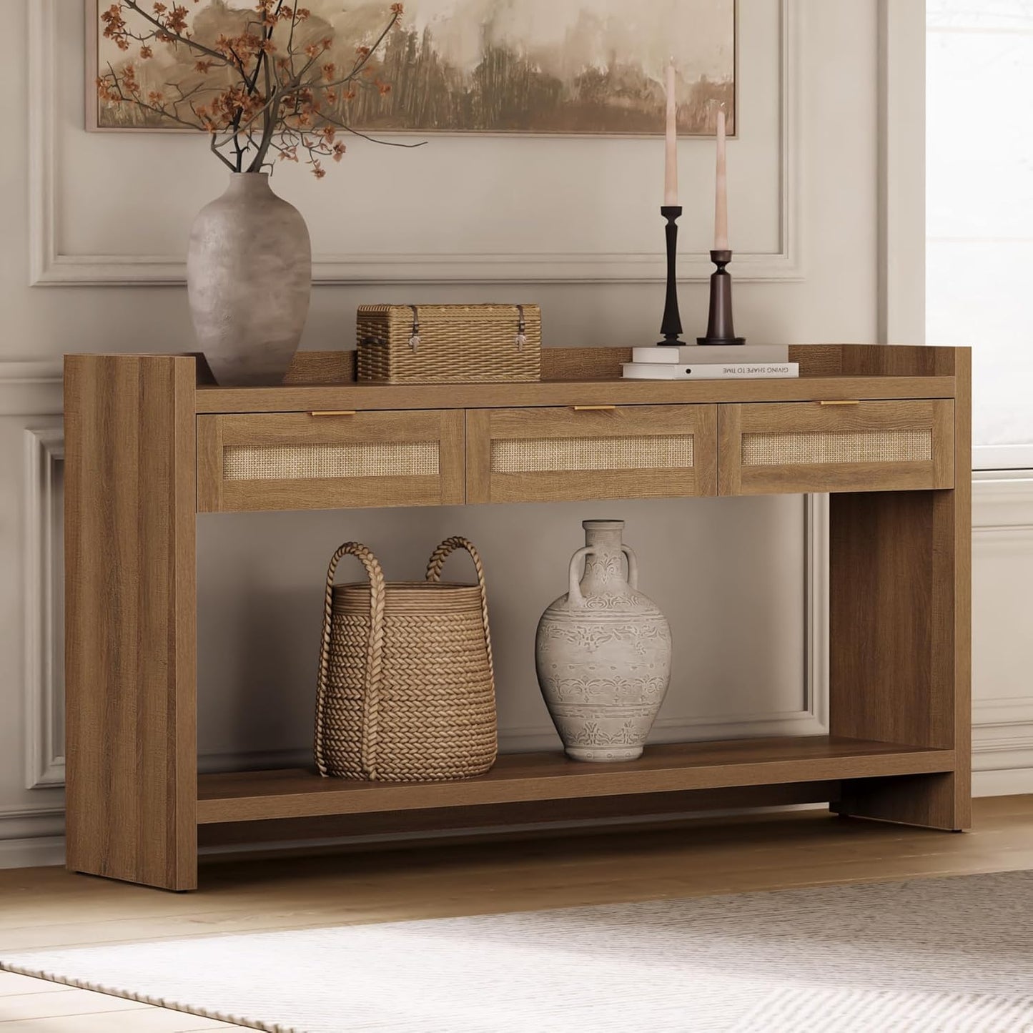 60" Rattan Console Table for Entryway - Farmhouse Entry Table Sofa Table with 3 Drawers, Narrow TV Console Table with Storage for Living Room, Hallway, Couch, Foyer