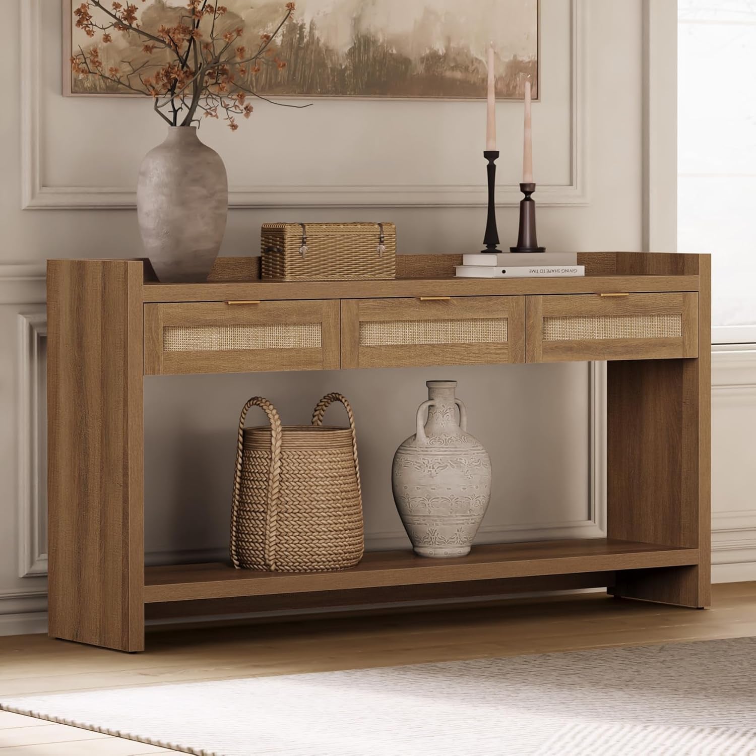 60" Rattan Console Table for Entryway - Farmhouse Entry Table Sofa Table with 3 Drawers, Narrow TV Console Table with Storage for Living Room, Hallway, Couch, Foyer