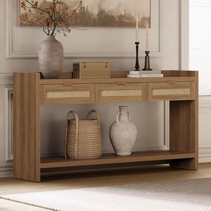 Rattan Console Table Set of 2 - Large Boho TV Console Entry Table with 3 Storage Drawers, 60" Long Sofa Table behind Couch for Living Room, Hallway, Foyer, Entryway