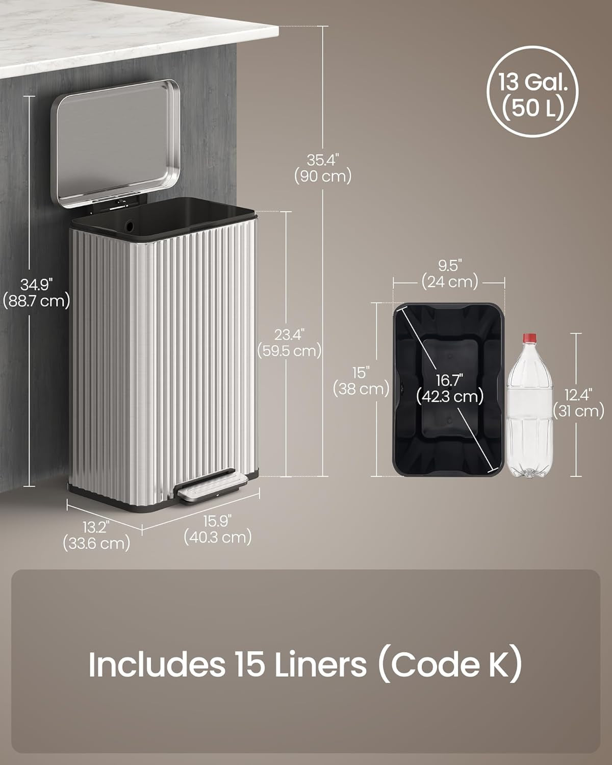 Trash Can, 13 Gallon (50 L) Garbage Can for Kitchen, with Lid, Pedal, and Removable Inner Bucket, Soft Close, Stainless Steel, 15 Trash Bags (Code K) Included, Metallic Silver ULTB586EZ01