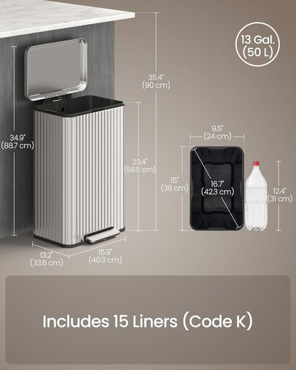 Trash Can, 13 Gallon (50 L) Garbage Can for Kitchen, with Lid, Pedal, and Removable Inner Bucket, Soft Close, Stainless Steel, 15 Trash Bags (Code K) Included, Metallic Silver ULTB586EZ01