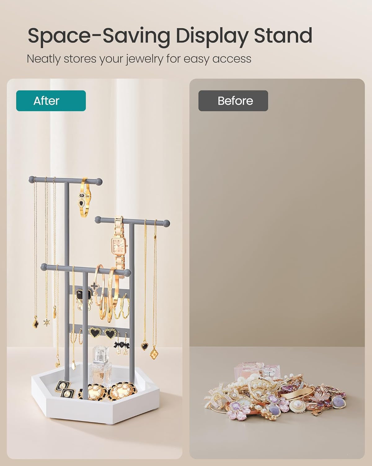 Jewelry Holder, Jewelry Organizer, 3 Tiers and 1 Tray, Jewelry Display Stand with Metal Frame, Necklace Earring Bracelet Holder, for Rings, Dove Gray and Cloud White UJJS003G01