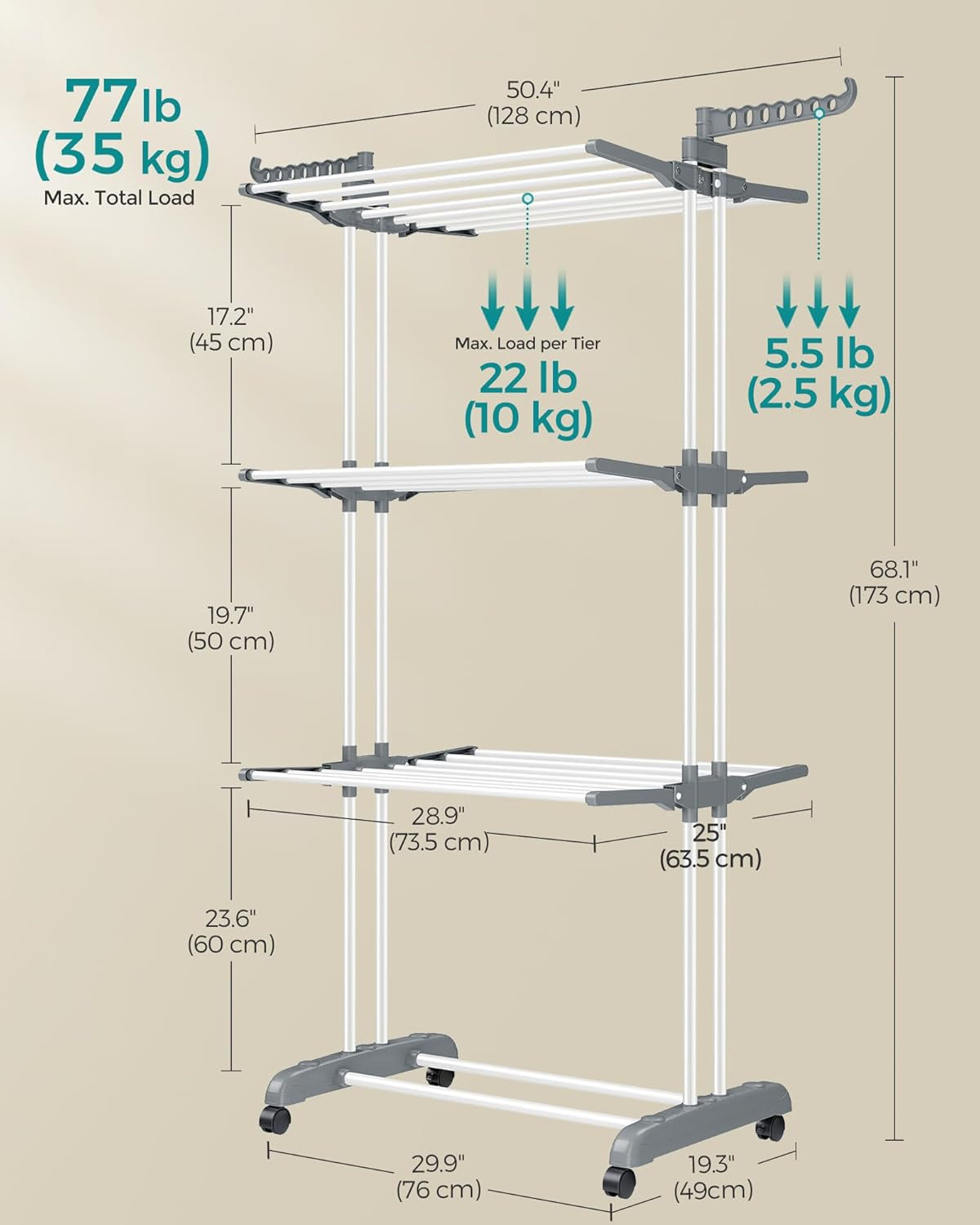 Clothes Drying Rack Stand 4-Tier, Foldable Laundry Drying Rack 68.1-Inch Tall, Steel, Rolling Clothes Horses Dryer Rack, Easy to Assemble, Indoor Outdoor Use, White ULLR701W01